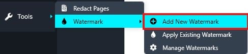 Dropdown menu in a design app showing Watermark options; 'Add New Watermark' is highlighted.