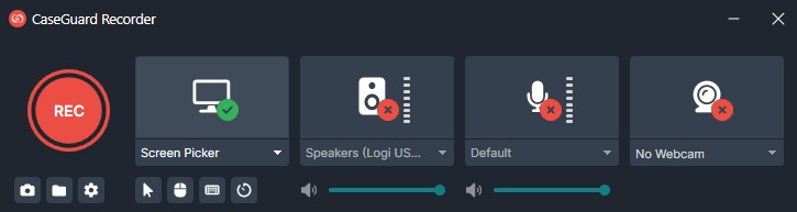 CaseGuard Recorder UI showing a live recording with a red REC button and four status tiles: Screen Picker active, Speakers muted, Default muted, No Webcam muted.