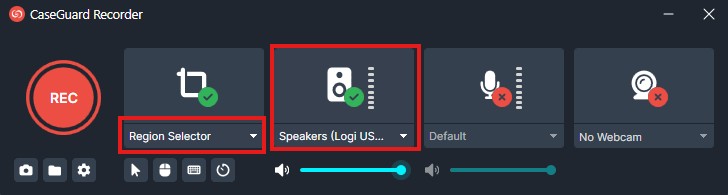 Screenshot of CauseGuard Recorder UI highlighting Region Selector and Speakers (Logi USB) with check marks, and Default/No Webcam options.