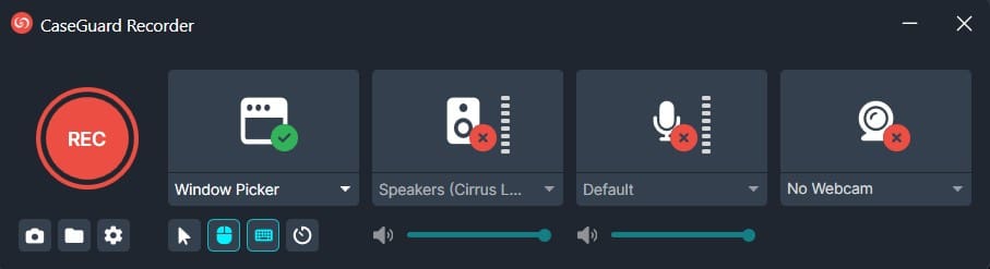Screenshot of CaseGuard Recorder UI with a large red REC button on the left, four panels for Window Picker, Speakers, Default microphone, and No Webcam, plus control icons along the bottom in a dark-themed interface.