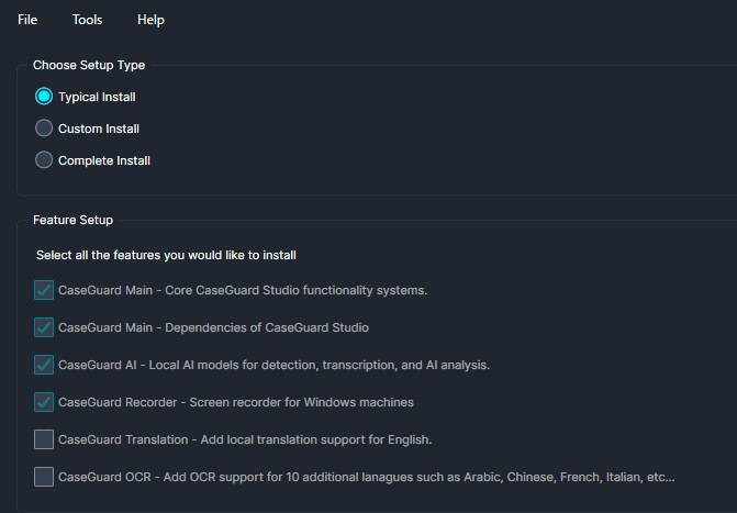 Setup wizard with Typical Install selected; features checked: Core CaseGuard, Dependencies, AI, Screen Recorder; Translation and OCR optional.