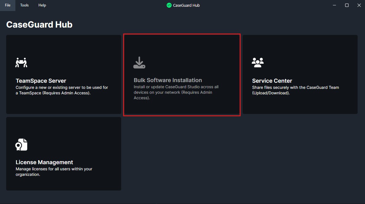 Bulk Software Installation tile selected in CaseGuard Hub; install or update CaseGuard Studio across devices (admin access required).