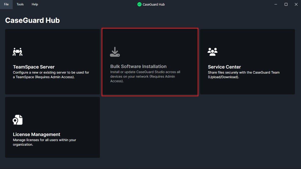 Bulk Software Installation tile selected in CaseGuard Hub; install or update CaseGuard Studio across devices (admin access required).