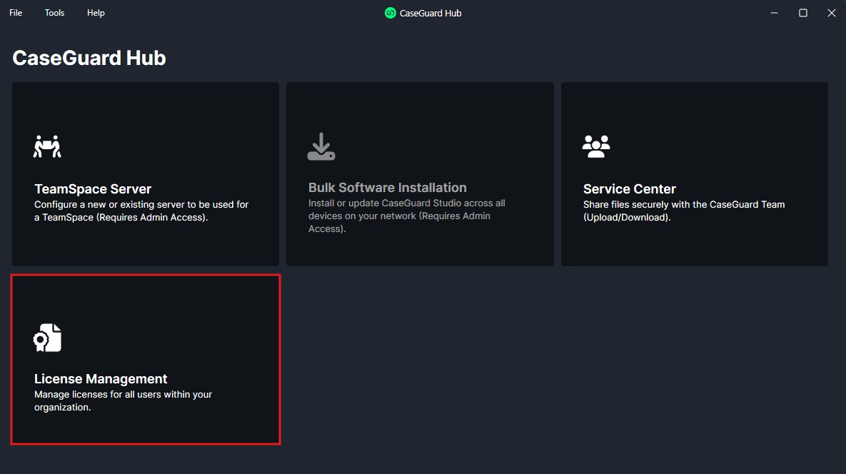 CaseGuard Hub dashboard displaying five dark tiles: TeamSpace Server, Bulk Software Installation, Service Center, and License Management (outlined in red) with each tile showing a short description.