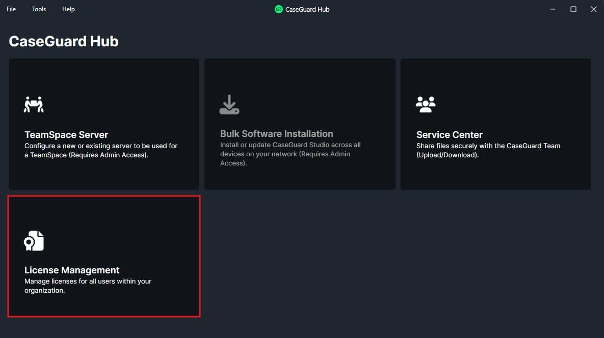 CaseGuard Hub dashboard displaying five dark tiles: TeamSpace Server, Bulk Software Installation, Service Center, and License Management (outlined in red) with each tile showing a short description.