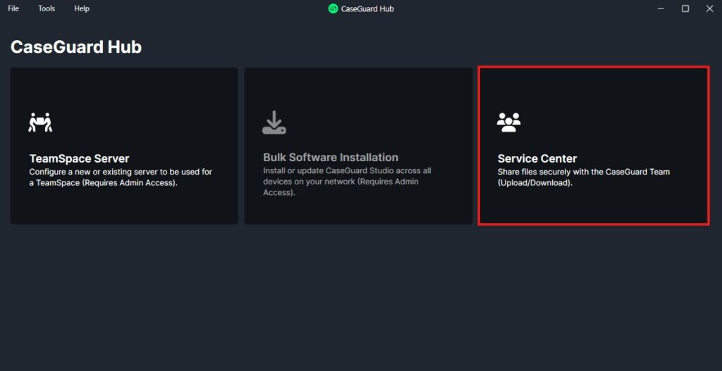 CaseGuard Hub main screen with three tiles: TeamSpace Server, Bulk Software Installation, and a highlighted Service Center for sharing files (upload/download).