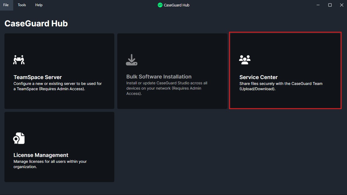 CaseGuard Hub dashboard with five dark tiles: TeamSpace Server, Bulk Software Installation, Service Center (highlighted), License Management, and another tile partially visible.