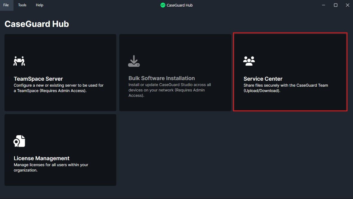 CaseGuard Hub dashboard with five dark tiles: TeamSpace Server, Bulk Software Installation, Service Center (highlighted), License Management, and another tile partially visible.