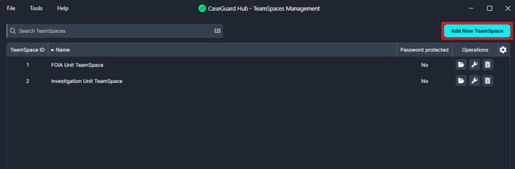 UI for CaseGuard Hub TeamSpaces Management with two spaces listed and an emphasized 'Add New TeamSpace' button