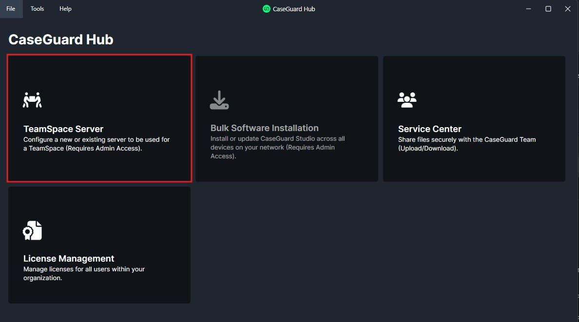 CaseGuard Hub dashboard with four tiles; leftmost 'TeamSpace Server' tile is highlighted.