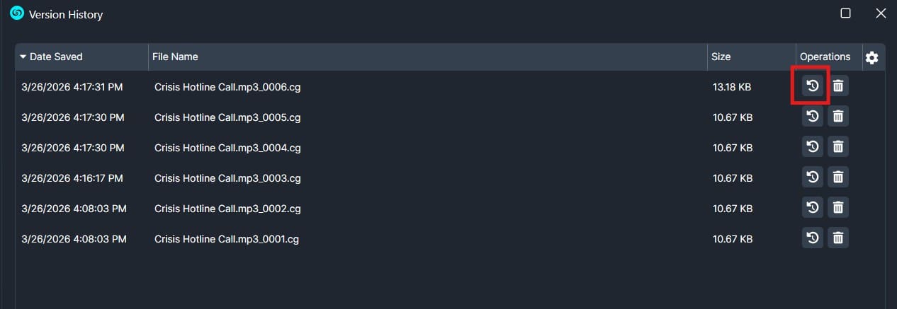 Version history table listing audio files with Restore/Delete actions; the first row's Restore button is highlighted.