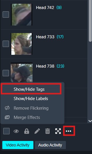 Context menu in a video tagging UI with options like Show/Hide Tags; three thumbnail heads labeled Head 742, 733, and 738 on the left, and a highlighted ellipsis button nearby.