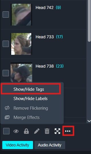 Context menu in a video tagging UI with options like Show/Hide Tags; three thumbnail heads labeled Head 742, 733, and 738 on the left, and a highlighted ellipsis button nearby.