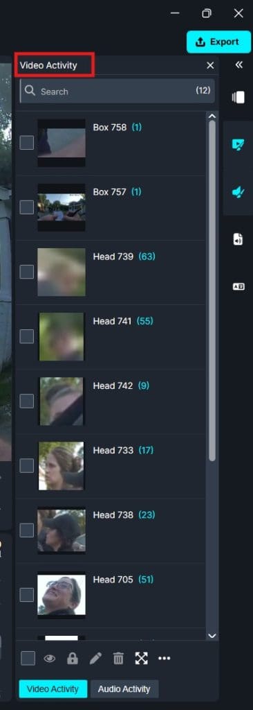 Dark-mode panel labeled 'Video Activity' showing a vertical list of items (Box 758, Box 757, Head 739, Head 741, etc.) with small thumbnail previews, likely part of a video activity feed in a software application.