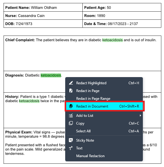 Redact-in-Document | CaseGuard Medical record page showing patient details (William Oldham, age 50) and sections for Chief Complaint and Diagnosis with the term ketoacidosis highlighted; a right-click context menu with 'Redact in Document' selected.