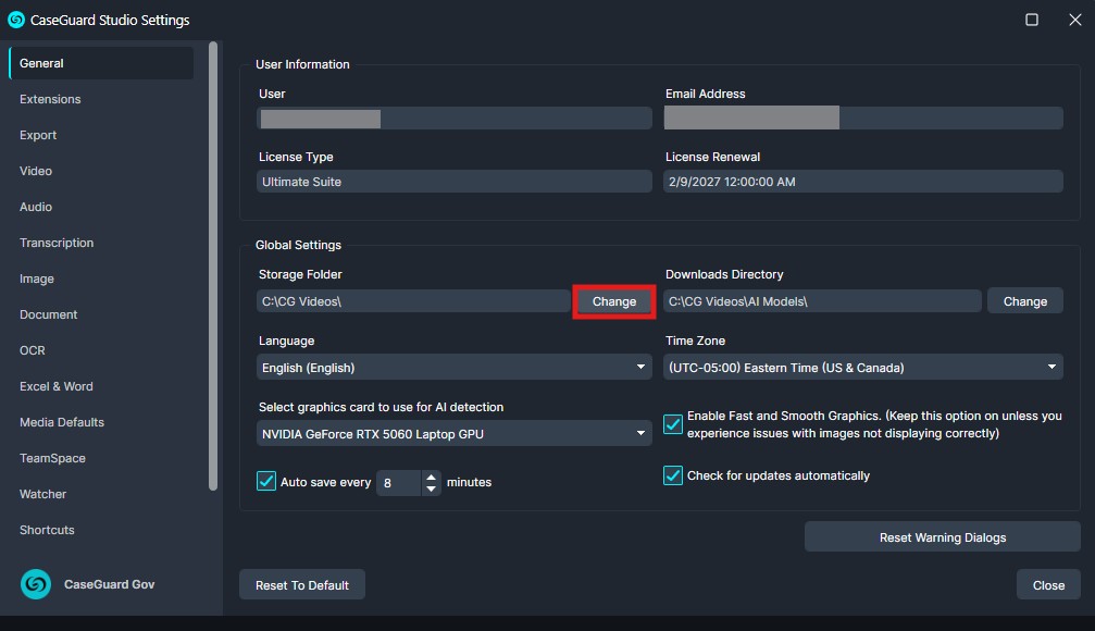 CaseGuard Studio Settings window on General tab showing storage and downloads folders, language, time zone, GPU, and auto-save options.