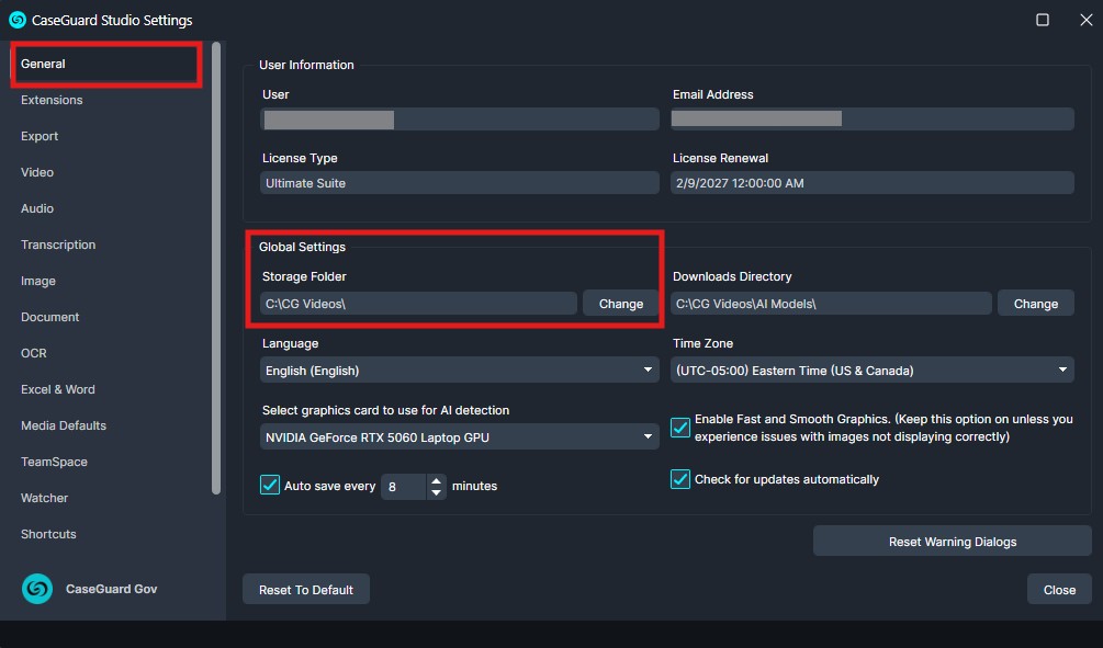 CaseGuard Studio Settings (General): Global Settings showing Storage Folder C:CG Videos and Downloads Directory C:CG VideosAI Models, with Change buttons.