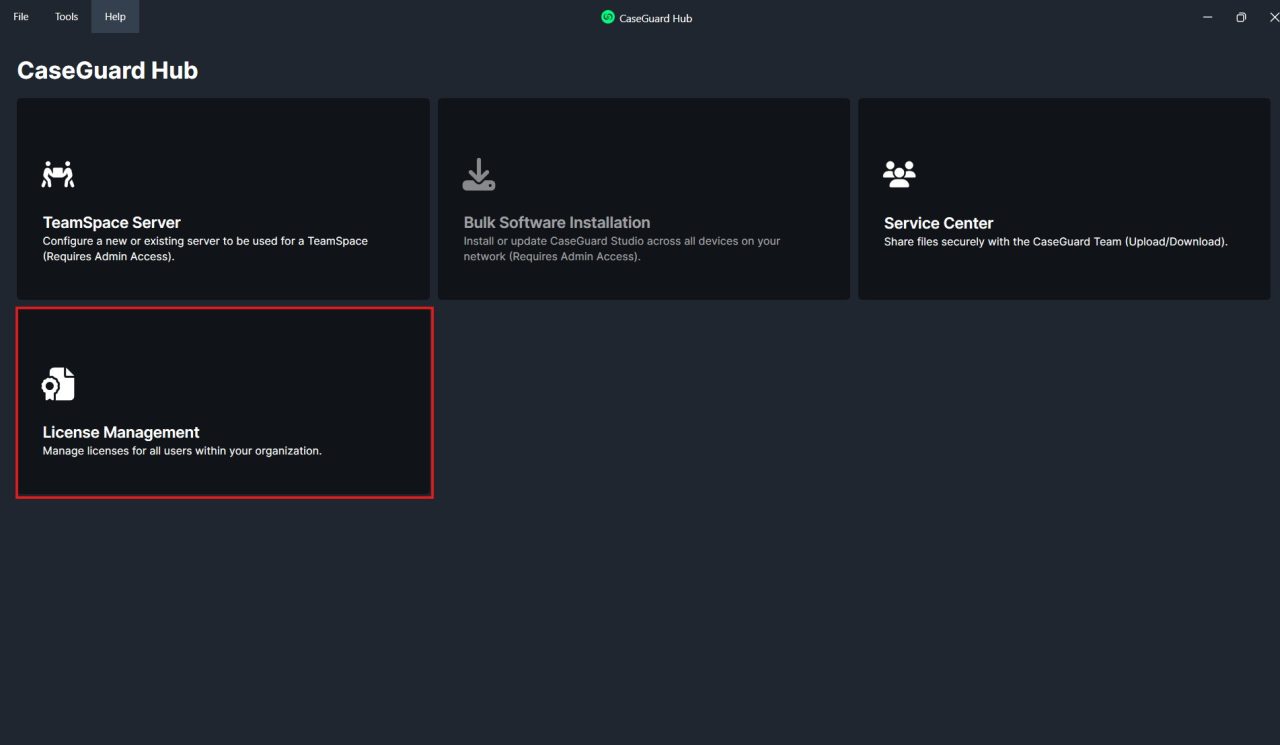 CaseGuard Hub dashboard showing four dark tiles: TeamSpace Server, Bulk Software Installation, Service Center, and a highlighted License Management tile.