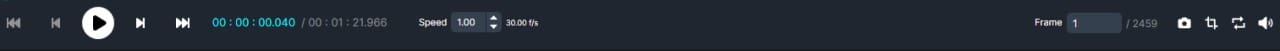 Video player control bar with play button, skip controls, timeline, and speed indicator.