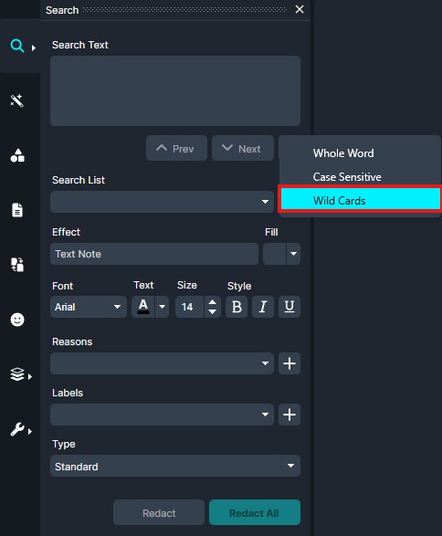 UI panel showing search settings with the 'Wild Cards' option highlighted in a dropdown menu in a dark theme app