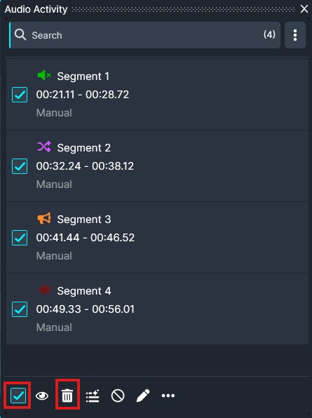 Delete-Audio | CaseGuard Audio Activity panel listing four manual segments (1–4) with checked boxes: Segments show time ranges 00:21.11–00:28.72, 00:32.24–00:38.12, 00:41.44–00:46.52, 00:49.33–00:56.01; bottom toolbar includes action icons (select, view, delete, grid, etc.).