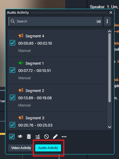 audio activity | CaseGuard Audio Activity panel listing four segments with times and checkboxes; segments 1–4 are shown with Manual labels and selectable boxes