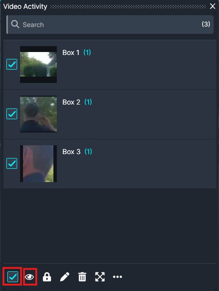 disable-all | CaseGuard Video Activity panel with three items (Box 1–Box 3); left checkboxes show selections; thumbnails visible; bottom action bar with icons for common actions.