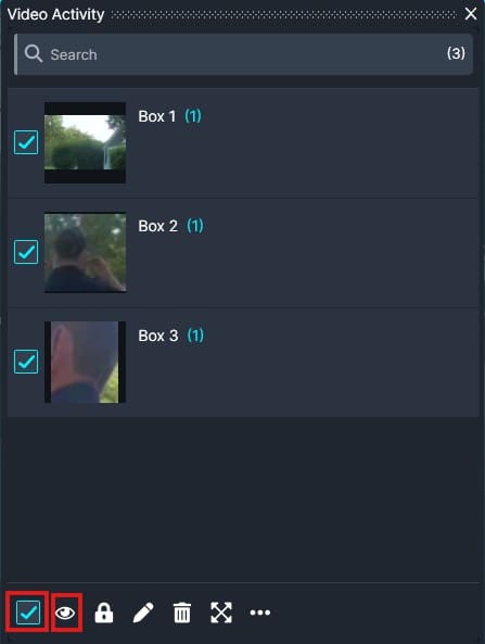Video Activity panel with three items (Box 1–Box 3); left checkboxes show selections; thumbnails visible; bottom action bar with icons for common actions.