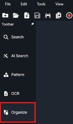 Screenshot of a document editor UI; left tool panel shows Search, Pattern, OCR, and Organize highlighted in red.