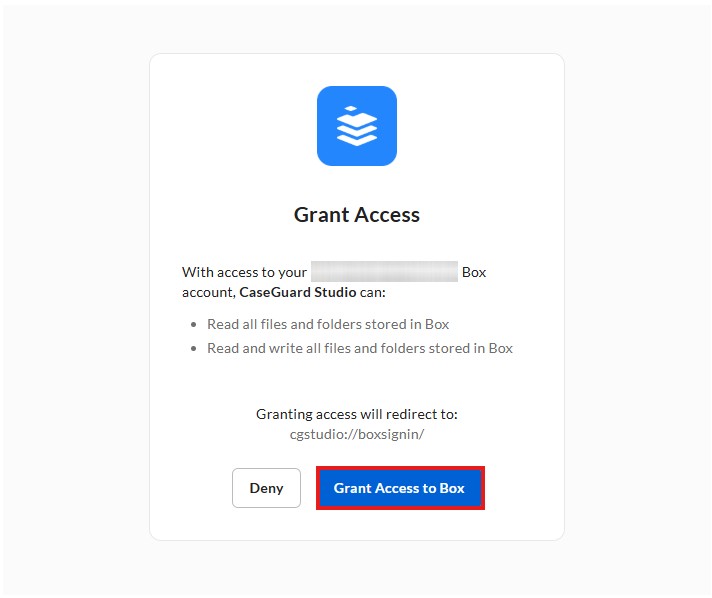Grant Access dialog for Box in CaseGuard Studio; allows reading and writing Box files; buttons Deny and Grant Access to Box.