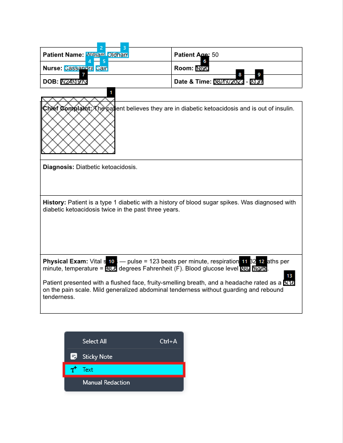 Blank patient chart form with fields for name, age, nurse, room, DOB, date/time, chief complaint, diagnosis, history, and physical exam; text selection menu visible.