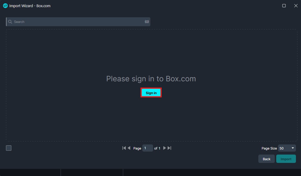 Box Import Wizard screen with a center message: 'Please sign in to Box.com' and a highlighted 'Sign in' button; dark UI with a search bar on top and page controls at the bottom.