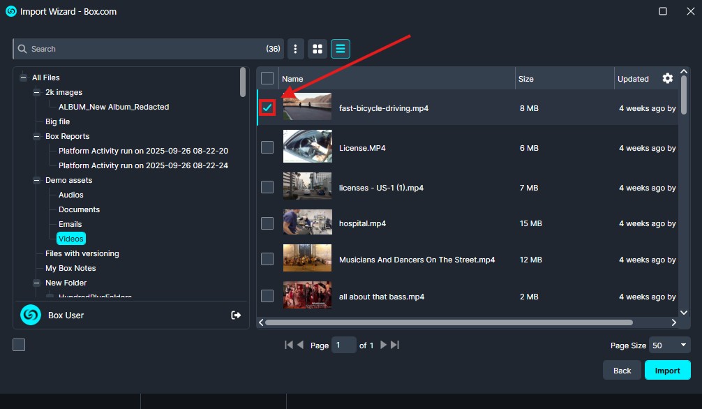 Box Import Wizard: file list with 'fast-bicycle-driving.mp4' selected (checkbox checked); other videos shown (License.MP4, hospital.mp4, etc.); Import button at bottom right.
