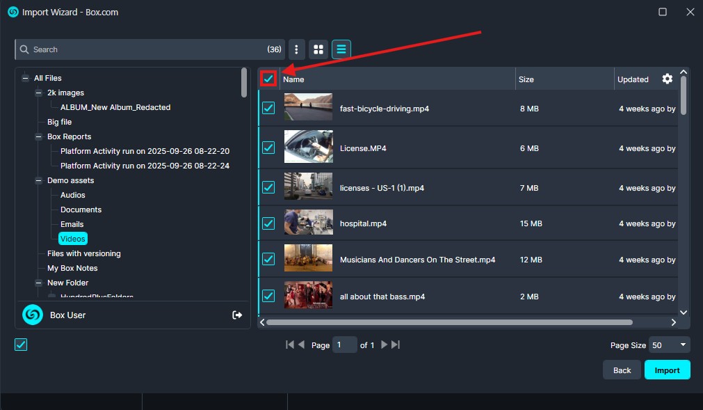 Box Import Wizard UI with left folder tree and right file list; several videos selected for import, showing file names and sizes.