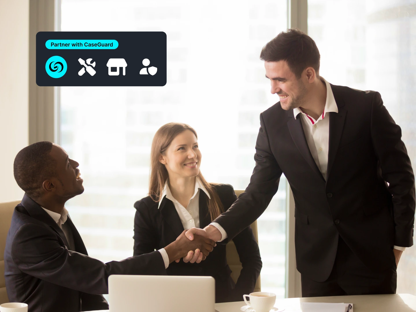 Three professionals in suits shake hands across a table in a bright office, signaling a business partnership; overlay shows 'Partner with CaseGuard' and logos.