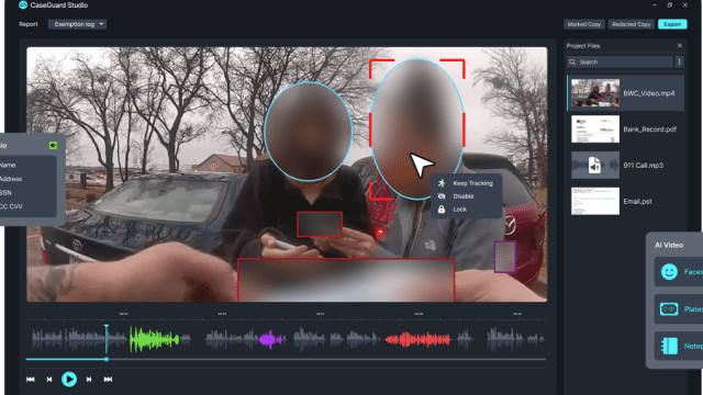 Screen capture of a video editing interface (CaseGuard Studio) showing two blurred faces outlined with blue circles and red tracking boxes, with a timeline below.