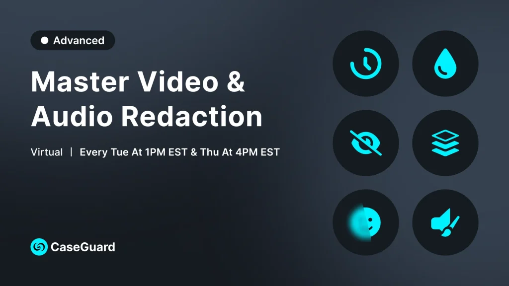 Promotional banner for Master Video & Audio Redaction with six turquoise icons on the right and CaseGuard logo.